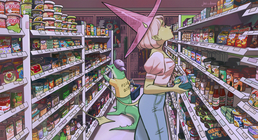1boy 1girl backwards_hat brand_name_imitation denim english_commentary hat highres javi_draws jeans lizard original pants pink_hair pink_shirt pointy_ears shirt shopping short_hair supermarket witch witch_hat