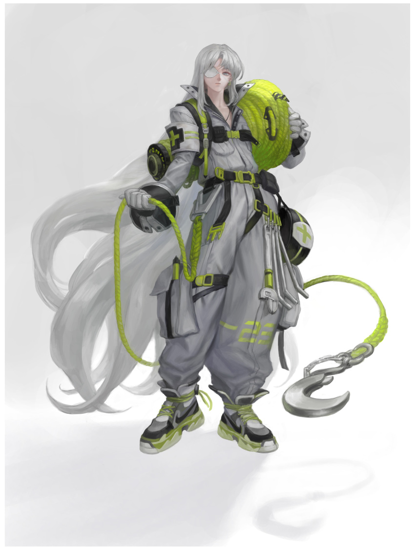 1girl absurdres armband belt closed_mouth collarbone earrings eyepatch gloves goyoyoo grey_eyes grey_hair highres holding holding_rope jewelry long_hair original rope shoes single_earring sneakers solo very_long_hair white_eyepatch white_gloves white_hair wrench