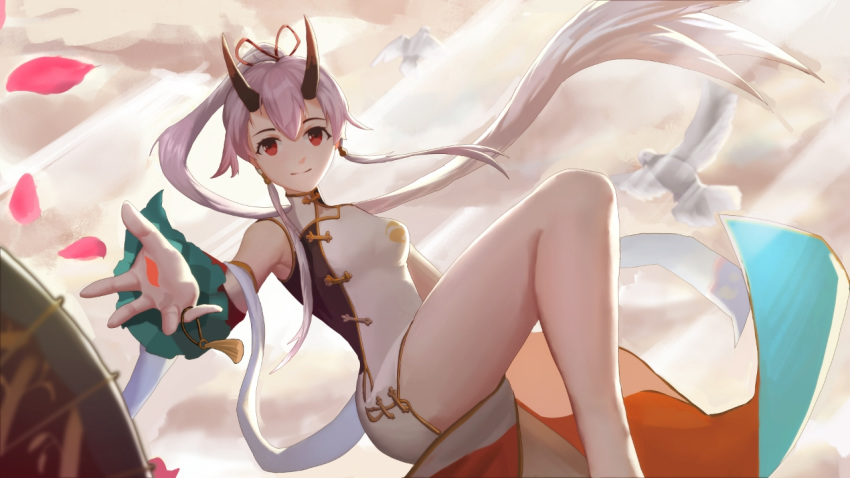 1girl bird breasts china_dress chinese_clothes clear_sky_(20359178) commentary_request detached_sleeves dress fate/grand_order fate_(series) hair_between_eyes hair_ribbon heroic_spirit_traveling_outfit horns light_smile long_hair long_ponytail looking_at_viewer oni_horns outstretched_hand petals ponytail red_eyes red_ribbon ribbon side_slit silver_hair small_breasts solo tomoe_gozen_(fate/grand_order) very_long_hair white_dress