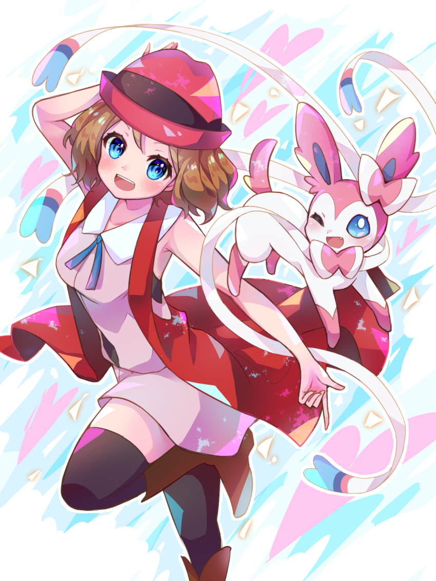 1girl bangs black_legwear blue_eyes blue_ribbon blush boots breasts brown_footwear brown_hair chaimo_box commentary_request eyelashes gen_6_pokemon hand_on_headwear hat highres leg_up looking_at_viewer open_mouth pokemon pokemon_(anime) pokemon_(creature) pokemon_xy_(anime) ribbon serena_(pokemon) shiny shiny_hair short_hair sleeveless sleeveless_duster smile sylveon teeth thigh-highs tongue upper_teeth