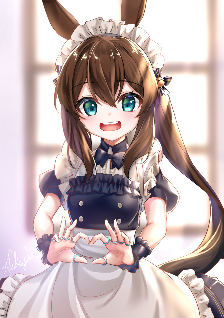 1girl :d alternate_costume amiya_(arknights) animal_ears apron arknights bangs bell black_bow black_dress black_neckwear blue_eyes blurry blurry_background bow bowtie brown_hair collared_shirt commentary_request depth_of_field dress enmaided eyebrows_visible_through_hair frilled_apron frills green_eyes hair_bell hair_between_eyes hair_bow hair_ornament heart heart_hands highres jewelry jingle_bell long_hair maid maid_headdress multicolored multicolored_eyes open_mouth ponytail puffy_short_sleeves puffy_sleeves rabbit_ears ring rukinya_(nyanko_mogumogu) shirt short_sleeves sidelocks smile solo striped striped_bow upper_teeth very_long_hair white_apron white_shirt wrist_cuffs