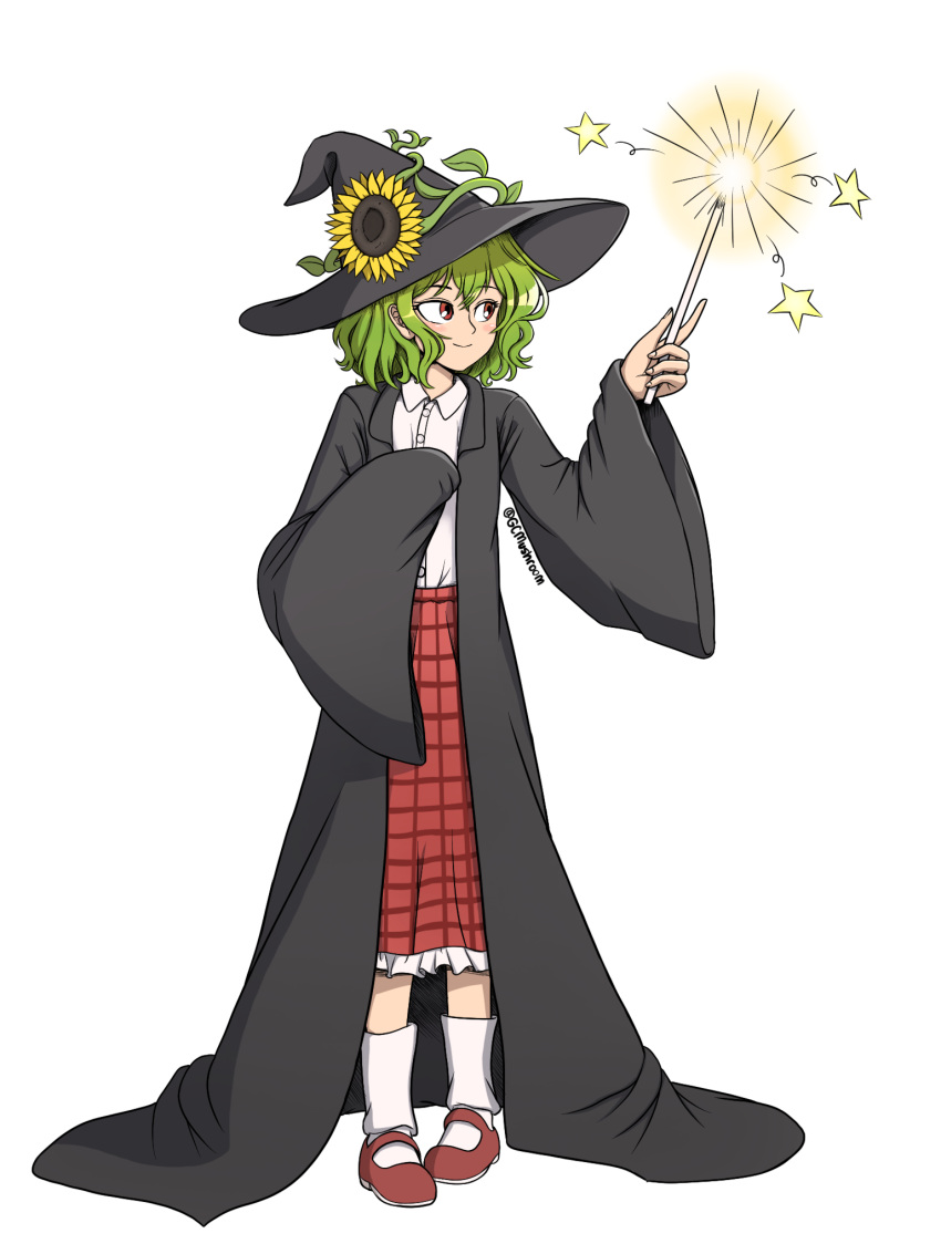 1girl adapted_costume alternate_costume arm_up bangs black_headwear black_robe blush brown_footwear closed_mouth eyebrows_visible_through_hair eyelashes fingernails flower frilled_skirt frills full_body giantcavemushroom green_hair hair_between_eyes hair_flower hair_ornament hand_up hat highres kazami_yuuka long_skirt long_sleeves looking_to_the_side loose_socks magic medium_hair motion_lines outline pigeon-toed plaid plaid_skirt red_eyes red_skirt reflective_eyes shiny shiny_hair shirt simple_background skirt sleeves_past_fingers sleeves_past_wrists smile solo sparkle standing star_(sky) sunflower touhou twitter_username wand wavy_hair white_background white_legwear white_shirt wide_sleeves witch_hat younger