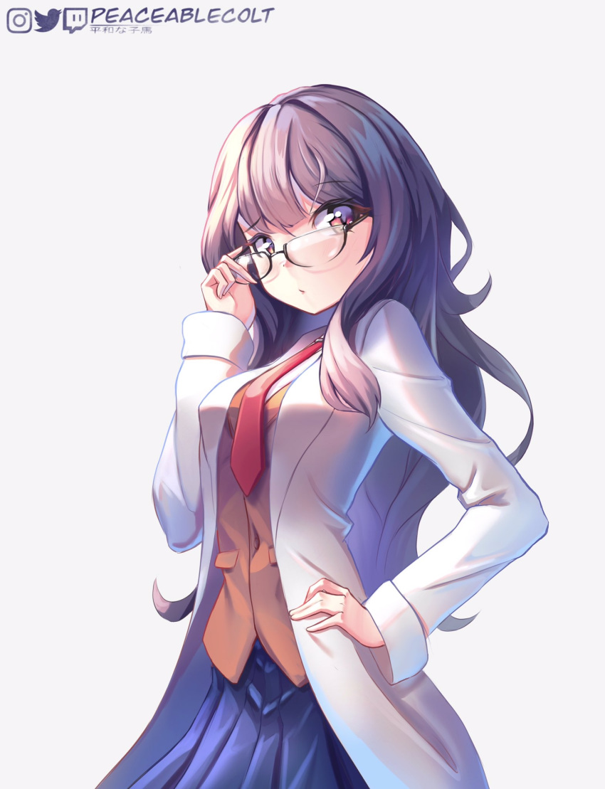 adjusting_eyewear artist_name blue_skirt brown_hair brown_vest cowboy_shot futaba_rio glasses hand_on_hip highres instagram_logo labcoat long_hair looking_at_viewer necktie peaceablecolt pleated_skirt red_neckwear seishun_buta_yarou semi-rimless_eyewear skirt twitter_logo vest white_background