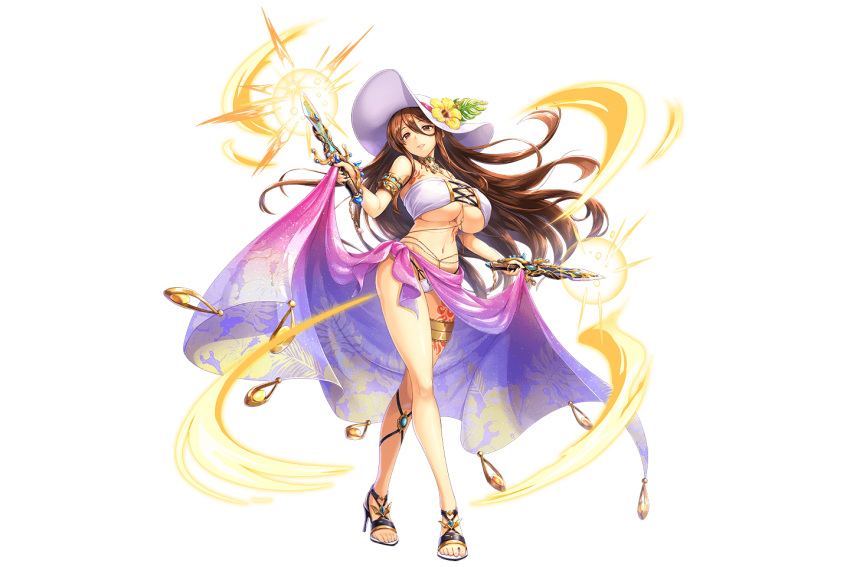 1girl argos_(kami_project) armband armpits breasts brown_eyes brown_hair dual_wielding flower hair_between_eyes hat hat_flower high_heels holding holding_knife holding_weapon huge_breasts kami_project knife leg_tattoo legband long_hair looking_at_viewer navel official_art ornate_weapon sandals sarong sarong_lift sun_hat tattoo under_boob weapon