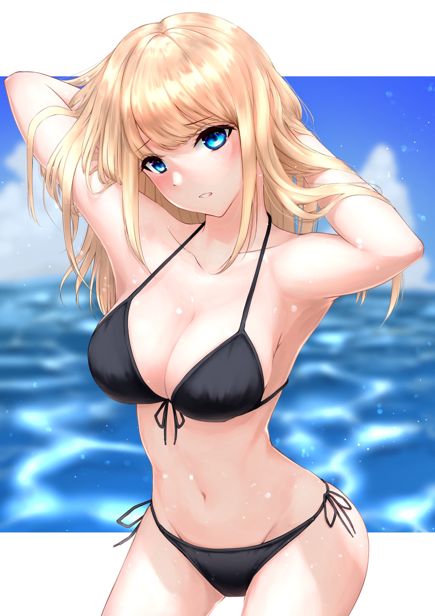 1girl absurdres arms_behind_head arms_up bangs bikini black_bikini blonde_hair blue_eyes blurry blush breasts collarbone contrapposto cowboy_shot day depth_of_field eyebrows_visible_through_hair front-tie_bikini front-tie_top groin halter_top halterneck head_tilt highres large_breasts lens_flare long_hair looking_at_viewer navel ocean original outdoors outside_border parted_lips side-tie_bikini sideboob solo standing string_bikini swimsuit water_drop yukishimo