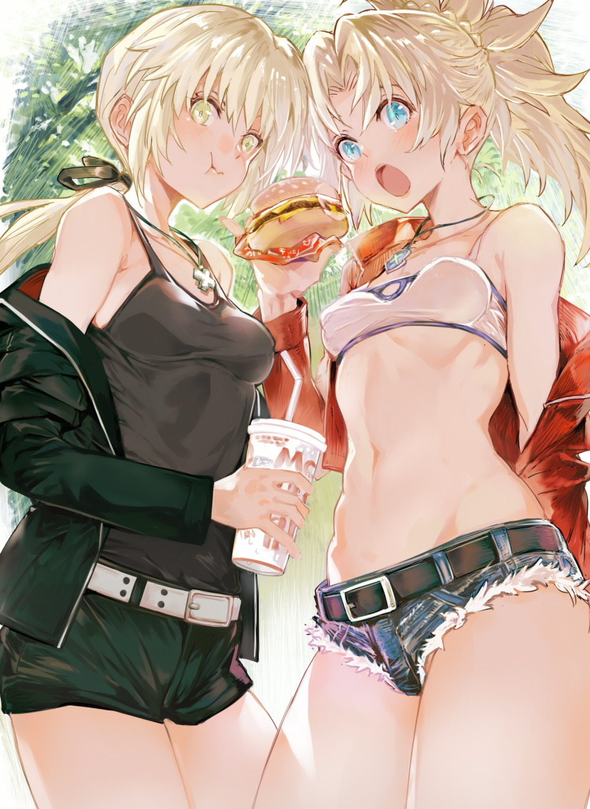 2girls aqua_eyes artoria_pendragon_(all) bandeau bangs bare_shoulders belt black_camisole black_jacket black_ribbon black_shorts blonde_hair blue_shorts blush braid breasts collarbone cup cutoffs denim denim_shorts disposable_cup drinking_straw eating fate/apocrypha fate/grand_order fate/stay_night fate_(series) food french_braid hamburger highres jacket jet_black_king_of_knights_ver._shinjuku_1999 jewelry long_hair long_sleeves looking_at_viewer low_ponytail micro_shorts mordred_(fate) mordred_(fate)_(all) multiple_girls navel necklace off_shoulder open_clothes open_jacket open_mouth pendant ponytail red_jacket ribbon saber_alter short_shorts shorts sidelocks small_breasts thighs tokopi yellow_eyes