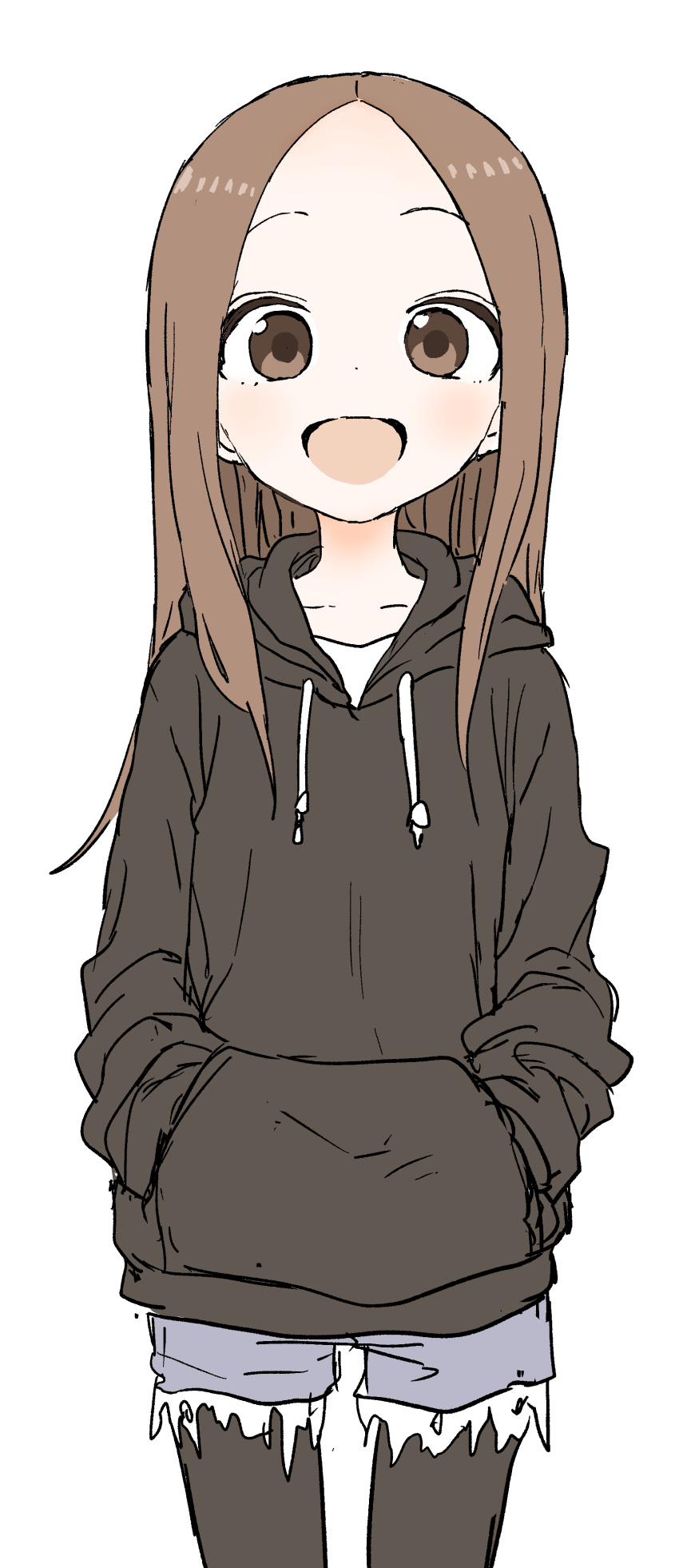 1girl :d absurdres bangs black_hoodie black_legwear blue_shorts blush brown_eyes brown_hair commentary_request cutoffs denim denim_shorts drawstring forehead highres hood hood_down hoodie karakai_jouzu_no_takagi-san legwear_under_shorts long_hair long_sleeves looking_at_viewer official_art open_mouth pantyhose parted_bangs short_shorts shorts simple_background smile solo takagi-san white_background yamamoto_souichirou