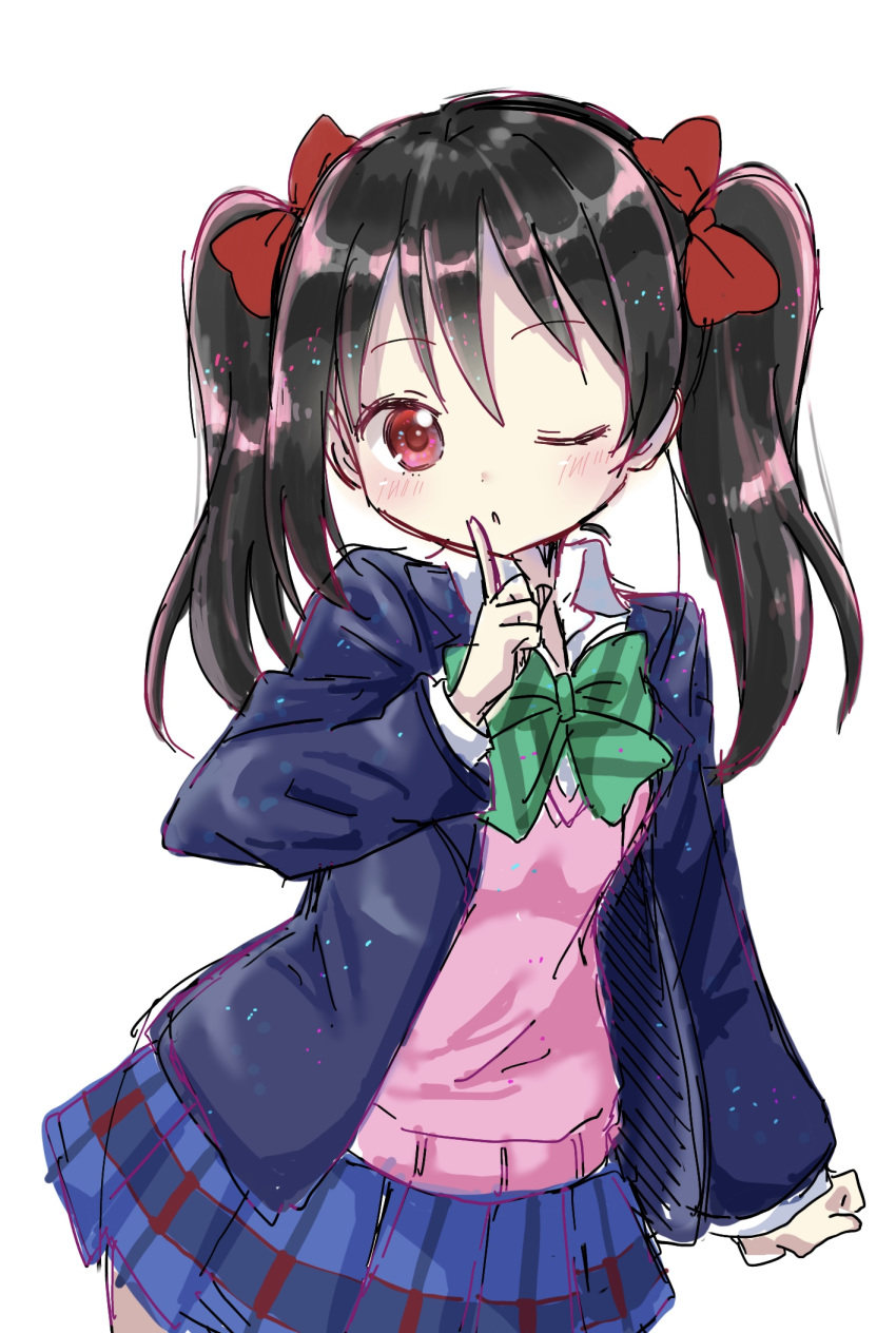 1girl bangs black_hair blazer blue_jacket blue_skirt blush bow collared_shirt diagonal_stripes eyebrows_visible_through_hair green_bow hair_between_eyes hair_bow hand_up highres index_finger_raised jacket long_hair long_sleeves looking_at_viewer love_live! love_live!_school_idol_project one_eye_closed open_blazer open_clothes open_jacket parted_lips pleated_skirt red_bow red_eyes school_uniform shika_(s1ka) shirt simple_background sketch skirt solo striped striped_bow sweater_vest twintails white_background white_shirt yazawa_nico