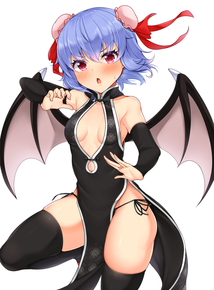 1girl alternate_costume alternate_hairstyle black_legwear black_panties blue_hair breasts bun_cover center_opening china_dress chinese_clothes demon_wings double_bun dress fighting_stance furrowed_eyebrows highres looking_at_viewer open_mouth panties red_eyes remilia_scarlet side-tie_panties simple_background small_breasts solo standing standing_on_one_leg string_panties thigh-highs tokoya_(ex-hetare) touhou underwear white_background wings