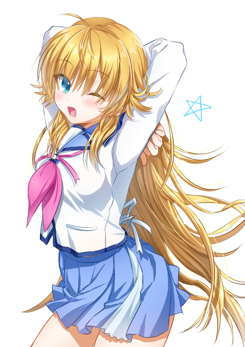 1girl ;d absurdres angel_beats! antenna_hair arms_behind_head arms_up bangs blonde_hair blue_eyes blue_sailor_collar blue_skirt collared_shirt cowboy_shot eyebrows_visible_through_hair floating_hair hair_between_eyes highres long_hair long_sleeves looking_at_viewer miniskirt one_eye_closed open_mouth pink_neckwear pleated_skirt ribbon sailor_collar sailor_shirt school_uniform sekine shinda_sekai_sensen_uniform shirt simple_background skirt smile solo standing star_(symbol) very_long_hair white_background white_ribbon white_shirt zuzuhashi