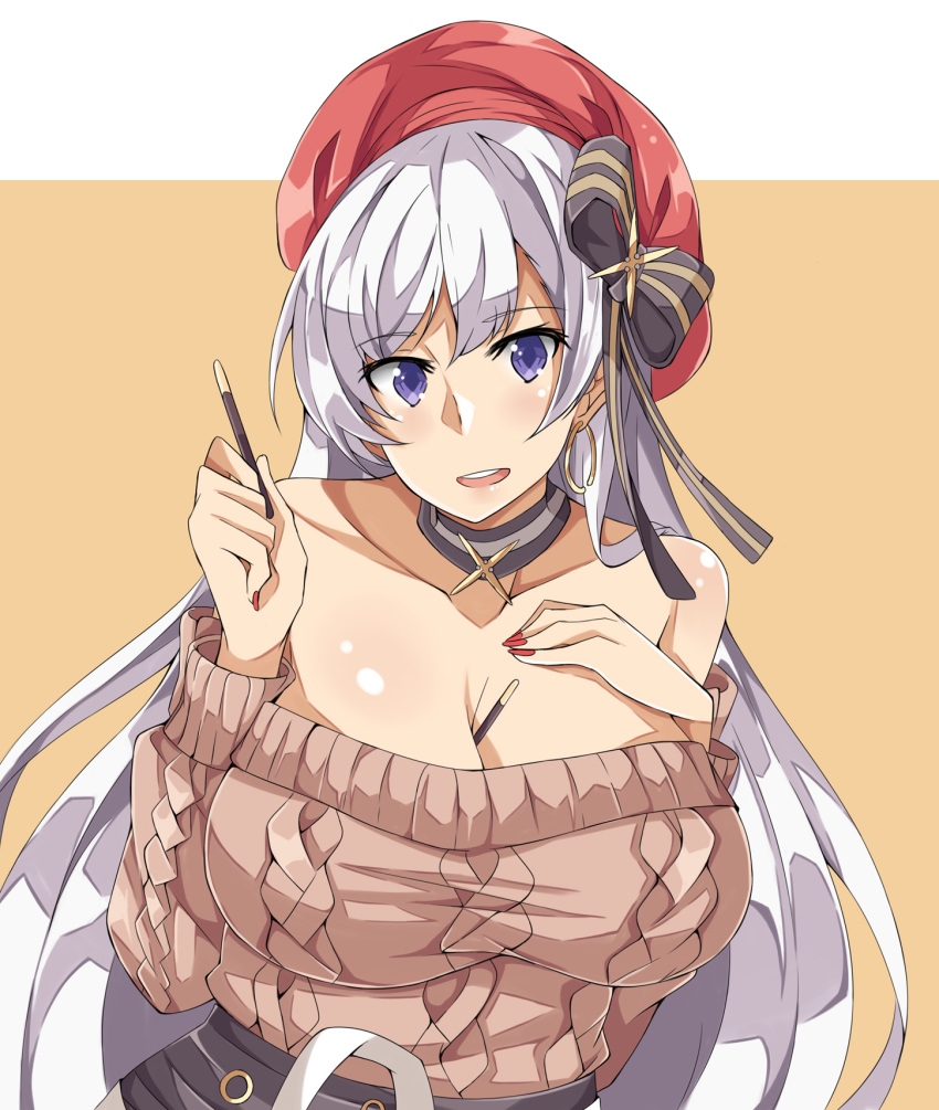 aran_sweater azur_lane belfast_(azur_lane) belfast_(shopping_with_the_head_maid)_(azur_lane) beret border brown_sweater choker earrings food food_between_breasts hat highres holding holding_food holding_pocky hoop_earrings jewelry long_hair off-shoulder_sweater off_shoulder olly_(ollycrescent) orange_background pocky red_headwear red_nails sweater violet_eyes white_border white_hair