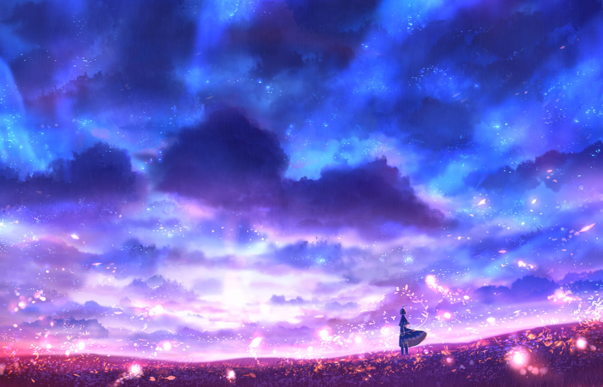 1girl clouds dress flower highres landscape long_hair multicolored original sakimori_(hououbds) star_(sky)
