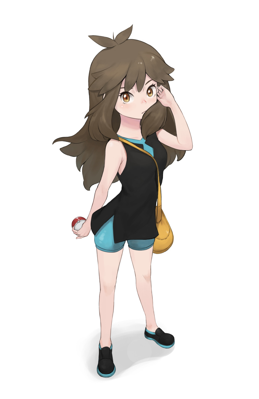 1girl absurdres arched_back bag bangs black_footwear blue_(pokemon) blush brown_eyes brown_hair closed_mouth commentary eyelashes full_body hand_up highres holding holding_poke_ball knees orange_bag poke_ball poke_ball_(basic) pokemon pokemon_(game) pokemon_lgpe sanj shiny shiny_hair shoes sidelocks simple_background solo white_background