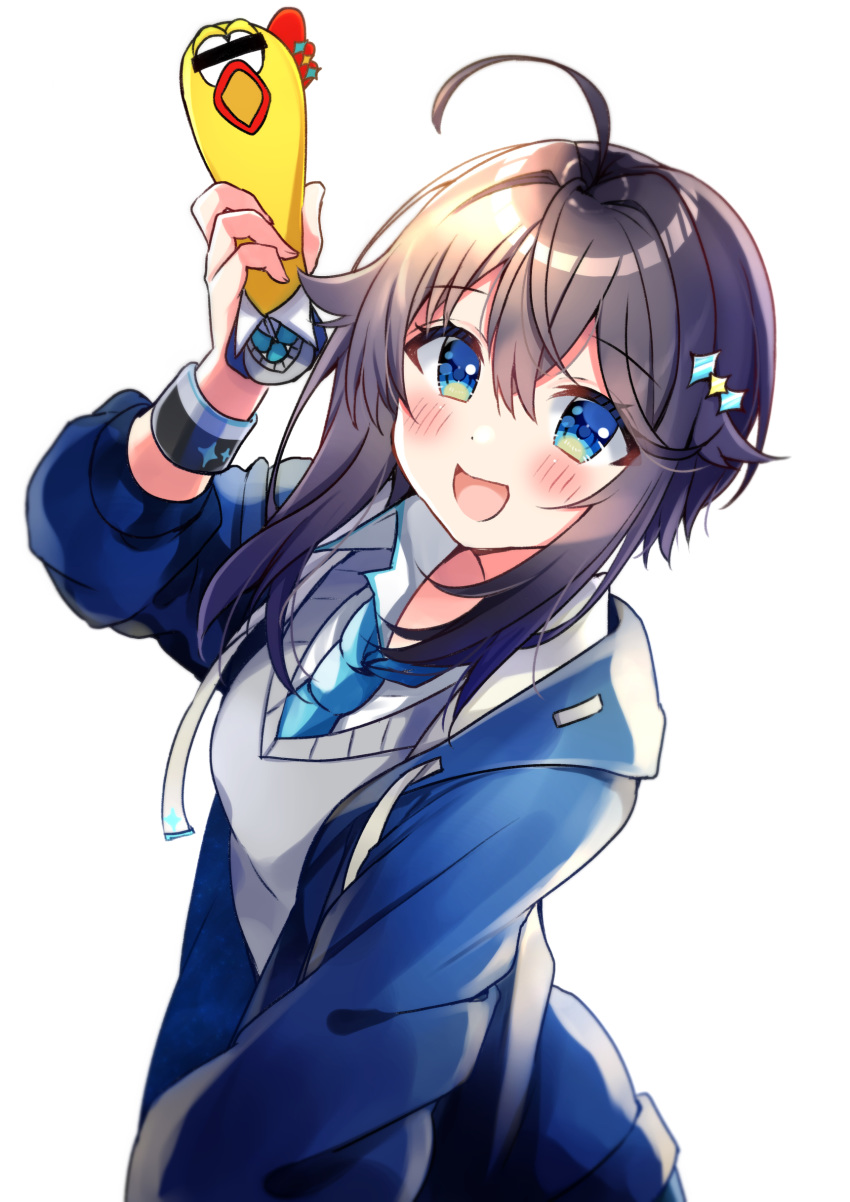 1girl :d absurdres ahoge arm_up bangs black_hair blue_eyes blue_jacket blue_neckwear breasts collared_shirt commentary_request drawstring eyebrows_visible_through_hair hair_between_eyes hair_flaps hair_ornament highres holding hood hood_down hooded_jacket jacket long_hair looking_at_viewer minami_saki necktie nijisanji open_clothes open_jacket open_mouth shirt simple_background small_breasts smile solo sorahoshi_kirame sweater_vest virtual_youtuber white_background white_shirt