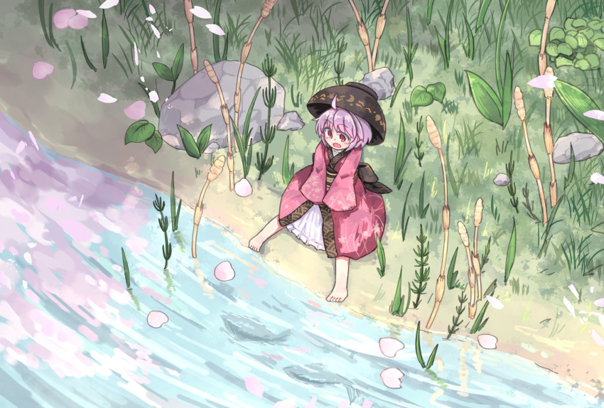1girl ahoge back_bow black_bow black_headwear bow bowl bowl_hat commentary day fish from_above full_body grass hat highres japanese_clothes kibisake kimono long_sleeves minigirl on_ground open_mouth outdoors petals pink_kimono purple_hair red_eyes river short_hair sitting solo sukuna_shinmyoumaru touhou water