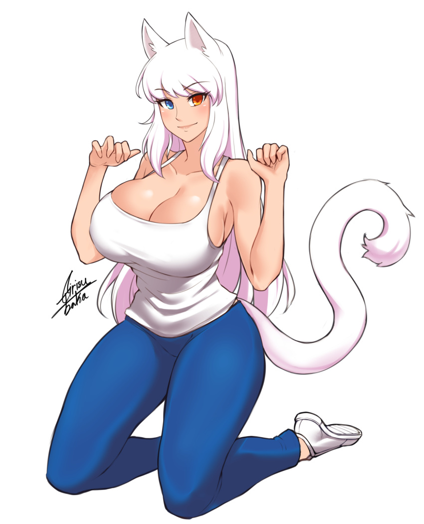 1girl absurdres airisubaka animal_ears artist_name bare_shoulders blue_eyes blue_pants breasts cat_ears cat_girl cat_tail collarbone commentary english_commentary eyebrows_visible_through_hair full_body hands_up heterochromia highres kneeling large_breasts long_hair looking_at_viewer orange_eyes original pants shoes signature simple_background solo tail tank_top very_long_hair white_background white_footwear white_hair white_tank_top