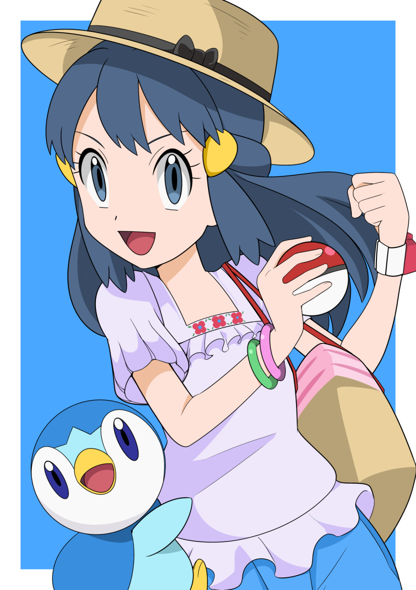 1girl :d bag bangle black_hair blue_shorts bow bracelet brown_bag brown_headwear clenched_hand commentary_request eyelashes frills grey_eyes hainchu handbag hands_up hat hat_bow highres hikari_(pokemon) holding holding_poke_ball jewelry long_hair open_mouth piplup poke_ball poke_ball_(basic) pokemon pokemon_(creature) pokemon_(game) pokemon_bdsp poketch purple_shirt shirt short_sleeves shorts smile tongue watch watch