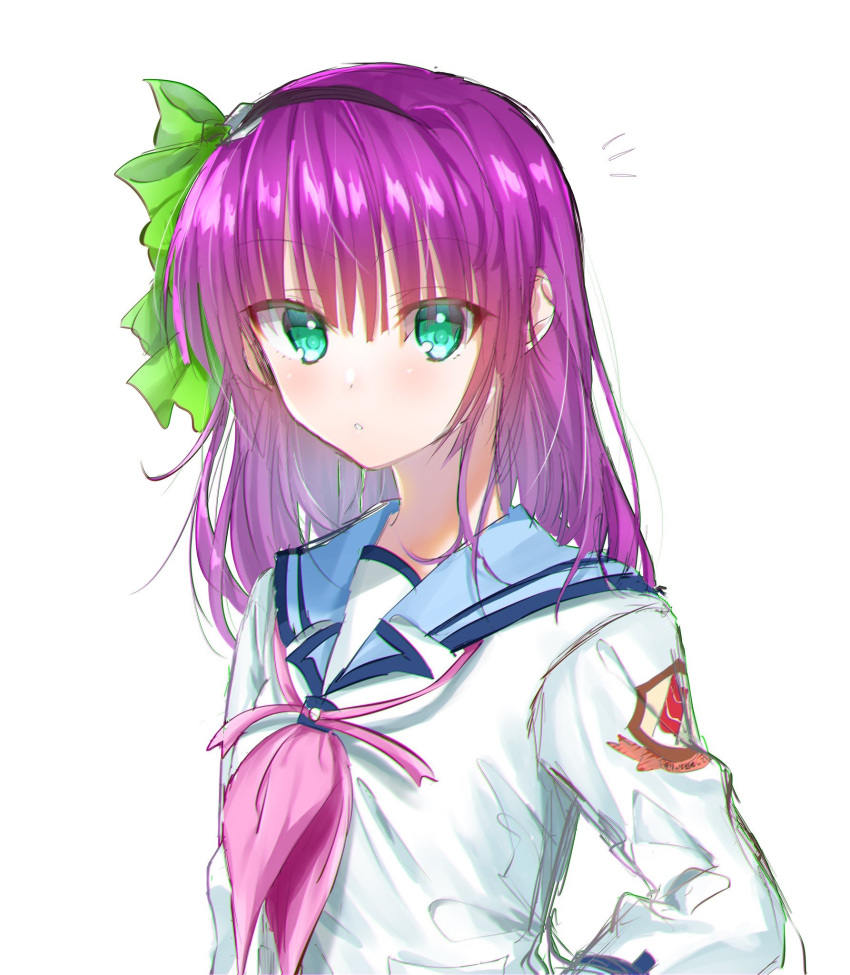 1girl angel_beats! bangs black_hairband blue_sailor_collar bow collared_shirt eyebrows_visible_through_hair green_bow green_eyes hair_between_eyes hair_bow hairband highres long_hair looking_at_viewer parted_lips pink_neckwear purple_hair sailor_collar sailor_shirt school_uniform serafuku shinda_sekai_sensen_uniform shiny shiny_hair shirt simple_background sketch solo upper_body white_background white_shirt yuri_(angel_beats!) zuzuhashi