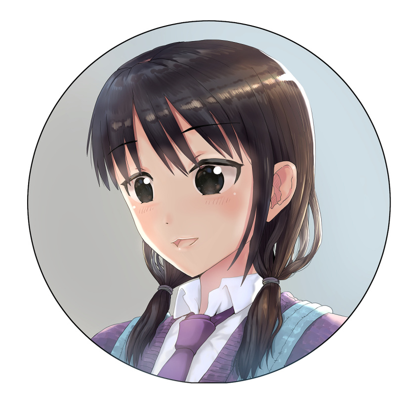 1girl bangs black_eyes black_hair blush cardigan collared_shirt eyebrows_visible_through_hair face highres kitaura_sou low_twintails necktie portrait purple_cardigan purple_neckwear school_uniform shirt smile solo tamura_yuri twintails watashi_ga_motenai_no_wa_dou_kangaetemo_omaera_ga_warui! white_shirt