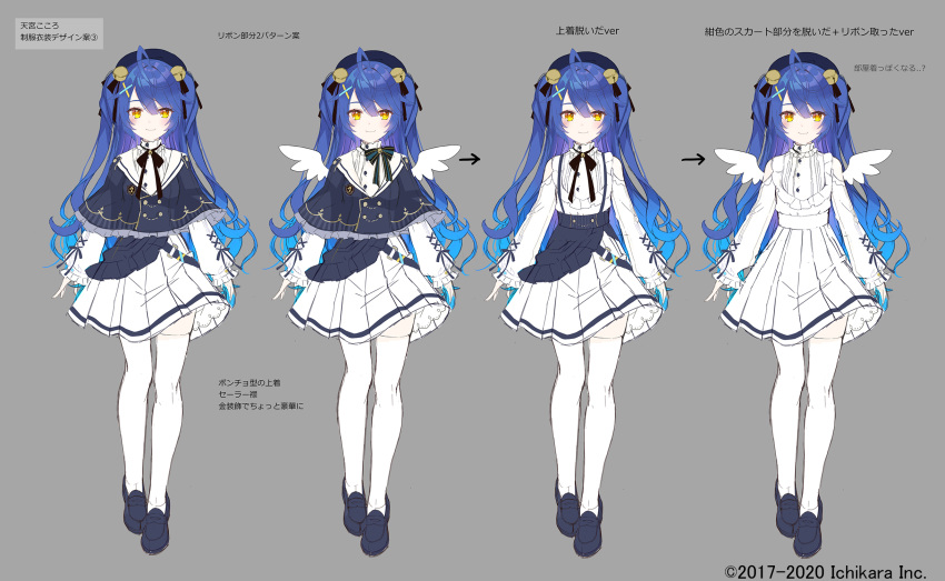 1girl amamiya_kokoro angel_wings beret blue_hair commentary_request concept_art dress full_body hat highres long_hair nijisanji official_art shiori_(xxxsi) shoes smile solo standing thigh-highs translation_request virtual_youtuber white_legwear wings yellow_eyes