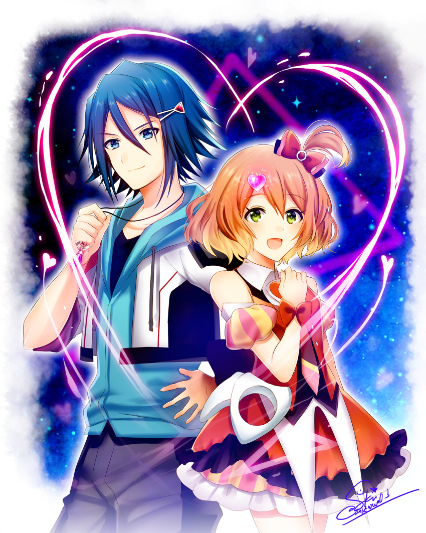 1boy 1girl :d arm_strap bangs black_bow black_pants blonde_hair blue_eyes blue_hair bow closed_mouth collarbone couple dress freyja_wion gradient_hair green_eyes hair_between_eyes hair_bow hair_ornament hairclip hand_on_hip hayate_immelmann heart highres holding hood hood_down hooded_cardigan jewelry layered_dress macross macross_delta medium_hair multicolored_hair necklace nishinomiya_saku one_side_up open_mouth orange_hair pants pink_bow red_bow signature sleeveless sleeveless_dress smile standing striped