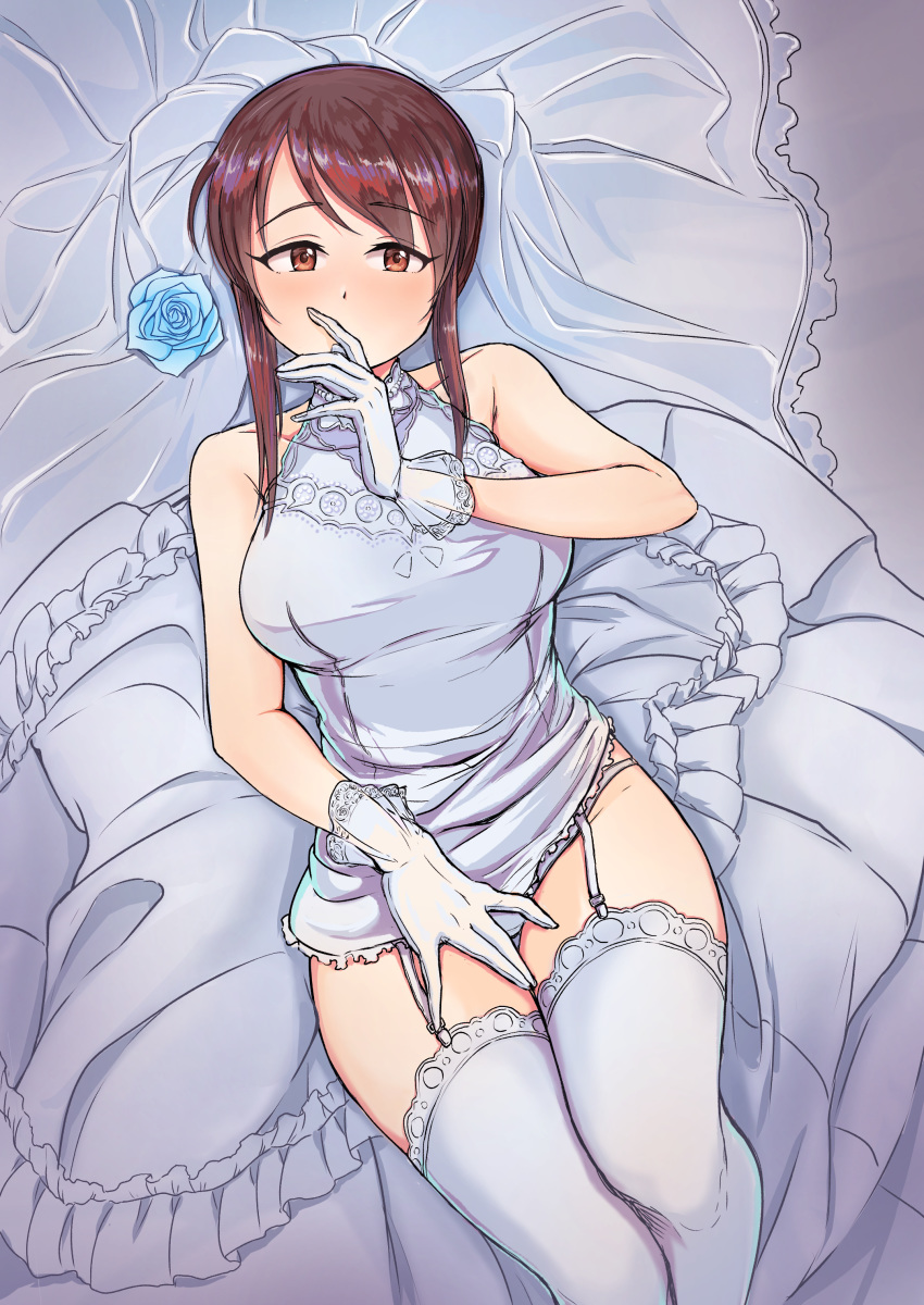 1girl absurdres bangs bare_shoulders blush breasts bridal_veil brown_eyes brown_hair dress eyebrows_visible_through_hair garter_straps gloves highres idolmaster idolmaster_cinderella_girls looking_at_viewer lying mifune_miyu on_back panties pengwin sleeveless sleeveless_dress solo thigh-highs underwear veil white_gloves white_legwear white_panties