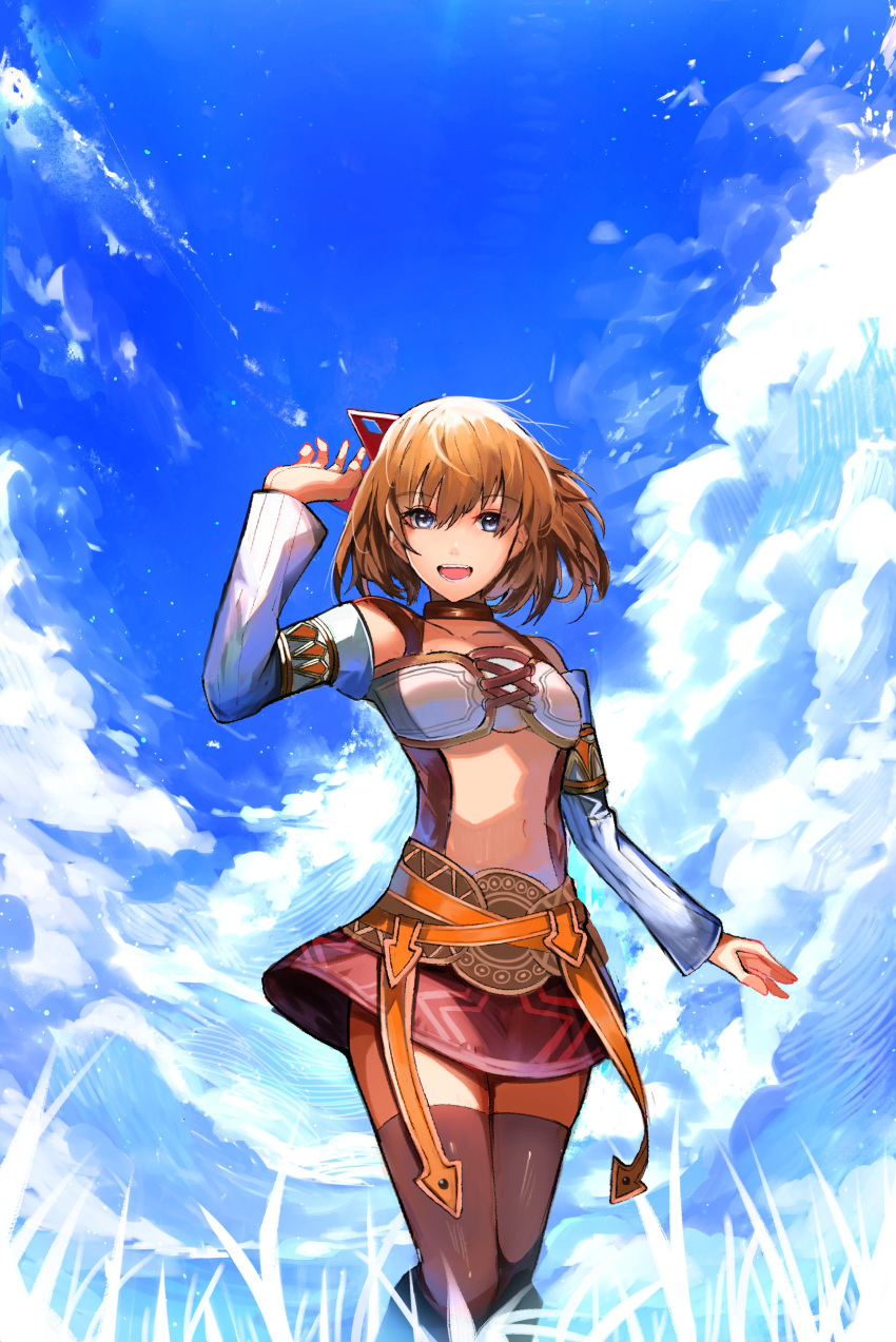 1girl :d absurdres blonde_hair blue_eyes breasts clouds cloudy_sky day detached_sleeves feet_out_of_frame fiorung highres miniskirt open_mouth outdoors short_hair skirt sky small_breasts smile solo tarbo_(exxxpiation) thigh-highs wind xenoblade_(series) xenoblade_1