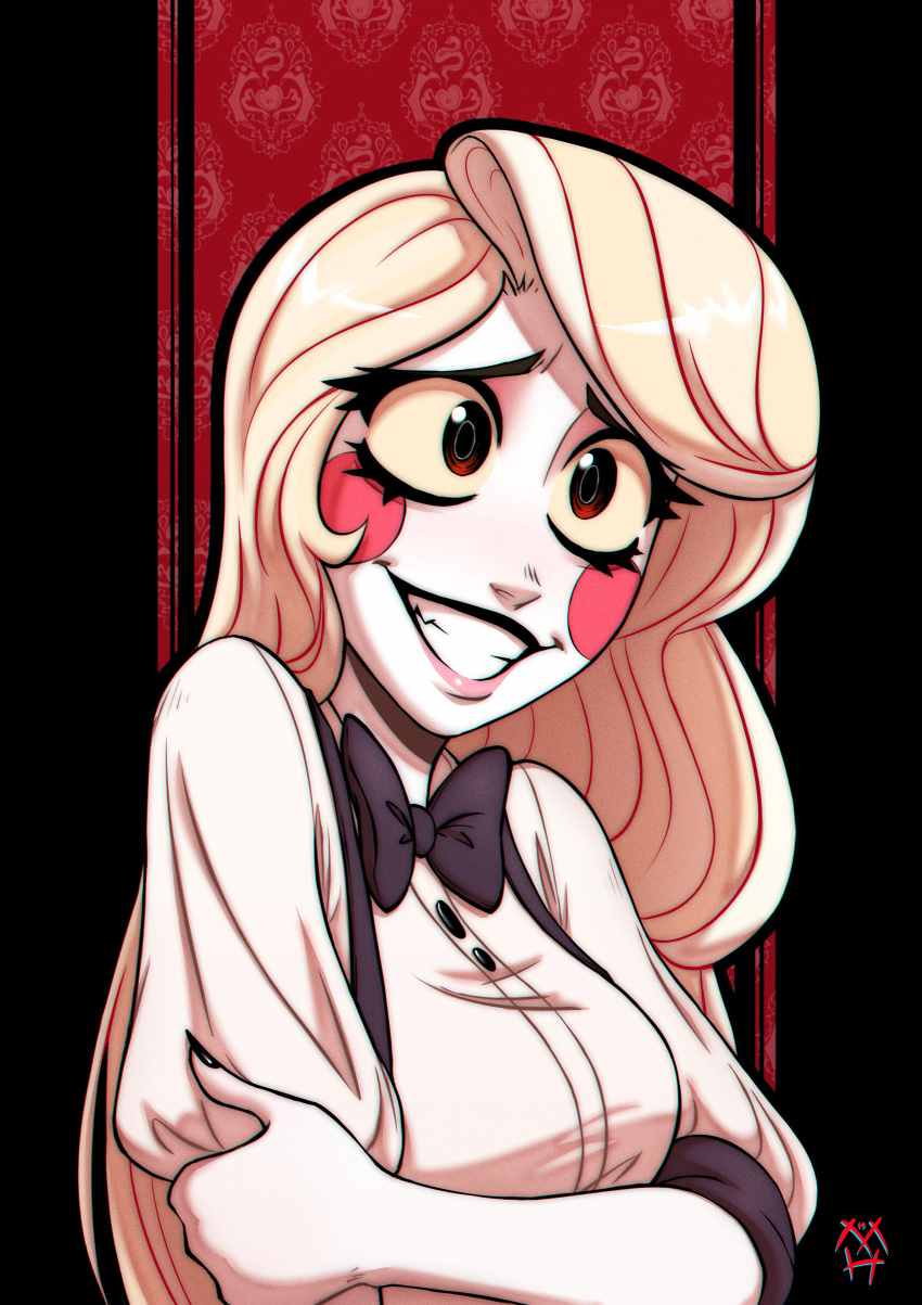 1girl :d absurdres big_hair black_nails black_neckwear blazer blonde_hair blush_stickers bow breasts buttons charlie_magne commentary english_commentary grabbing_own_arm hazbin_hotel highres jacket long_hair marishils medium_breasts open_mouth puffy_sleeves red_eyes sharp_teeth shiny shiny_hair smile tareme teeth upper_body watermark white_skin worried yellow_sclera