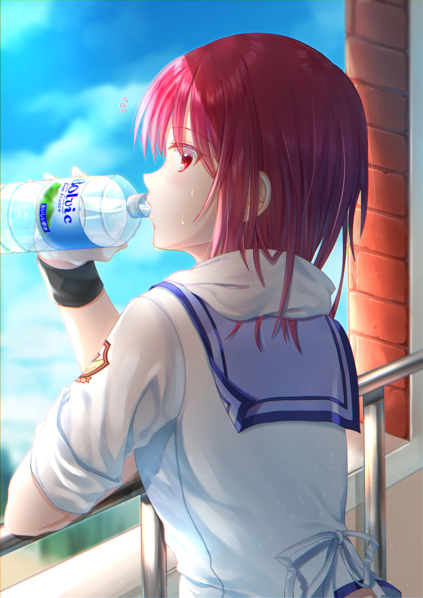 1girl absurdres angel_beats! bangs blue_sailor_collar blue_sky blurry blurry_background bottle day eyebrows_visible_through_hair from_behind highres holding holding_bottle huge_filesize iwasawa looking_at_viewer outdoors profile red_eyes redhead ribbon sailor_collar school_uniform shinda_sekai_sensen_uniform shiny shiny_hair shirt short_hair sky sleeves_rolled_up solo towel towel_around_neck upper_body volvic water_bottle white_ribbon white_shirt wristband zuzuhashi