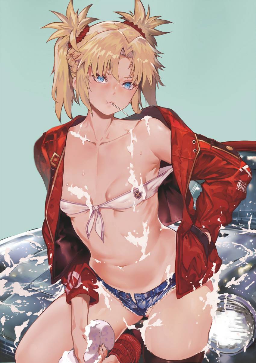 1girl absurdres bandeau bangs bare_shoulders blonde_hair blush braid breasts candy car closed_mouth collarbone cutoffs denim denim_shorts fate/apocrypha fate_(series) food food_in_mouth french_braid ground_vehicle hair_ornament hair_scrunchie highres jacket lollipop long_hair long_sleeves looking_at_viewer mordred_(fate) mordred_(fate)_(all) motor_vehicle navel off_shoulder parted_bangs red_jacket red_scrunchie scrunchie shorts sidelocks small_breasts soap_bubbles sponge thighs tokopi twintails