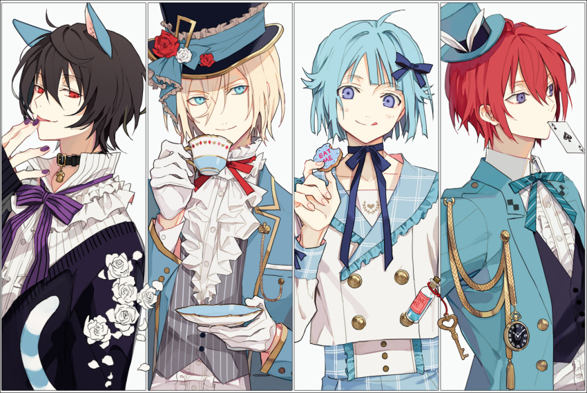 4boys ace_of_spades ahoge alice_(wonderland) alice_(wonderland)_(cosplay) animal_ear_fluff animal_ears aqua_eyes aqua_hair aqua_headwear aqua_jacket aqua_neckwear bangs black_vest blazer blue_eyes blue_jacket blue_neckwear blunt_bangs blush border brown_hair buttons cardigan cat_ears cat_tail cheshire_cat cheshire_cat_(cosplay) collar collarbone cookie cosplay crop_top cuff_links cup diamond_(shape) disconnected_mouth dog_collar dress_shirt drink_me drink_me_potion eat_me ensemble_stars! eyebrows_visible_through_hair finger_licking flower food frilled_collar frills gloves grey_vest hair_between_eyes hand_up hat hat_flower hat_ribbon holding holding_cup jacket key licking looking_at_viewer looking_to_the_side mad_hatter mad_hatter_(cosplay) mini_hat mini_top_hat multiple_boys neck_ribbon open_cardigan open_clothes outside_border plaid platinum_blonde_hair pocket_watch popped_collar potion purple_cardigan purple_nails purple_neckwear red_eyes red_neckwear redhead ribbon rose sakuma_ritsu shino_hajime shirt short_hair simple_background sleeves_past_wrists smile striped striped_neckwear striped_shirt striped_vest suou_tsukasa symbol_commentary tail teacup tenshouin_eichi tongue tongue_out top_hat upper_body vest violet_eyes watch white_border white_flower white_gloves white_rabbit white_rabbit_(cosplay) white_rose white_shirt wing_collar zangyaacco