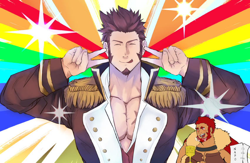 1boy 2boys bangs beard blue_eyes blush brown_hair cape chest couple double_v emotional_engine_-_full_drive epaulettes facial_hair fate/grand_order fate_(series) hands_up highres iskandar_(fate) leather loboke long_sleeves looking_at_viewer male_focus military military_uniform multiple_boys muscle napoleon_bonaparte_(fate/grand_order) open_clothes open_mouth parody pectorals redhead scar simple_background smile sparkle star_(symbol) uniform v