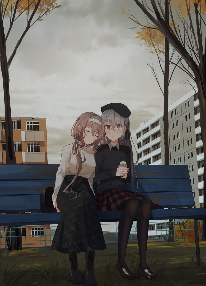 2girls autumn_leaves bangs bare_tree bench black_footwear black_sweater boots breasts brown_hair brown_legwear brown_skirt building chihuri closed_eyes closed_mouth collared_shirt cross-laced_footwear day eve_(chihuri) eyebrows_visible_through_hair green_skirt grey_eyes grey_hair hair_between_eyes heterochromia highres lace-up_boots leaning_on_person leaning_to_the_side loafers long_hair medium_breasts multiple_girls on_bench original outdoors pantyhose park_bench plaid plaid_skirt red_eyes renata_alekseevna_tsvetaeva shirt shoes sitting sitting_on_bench skirt sweater tree very_long_hair white_shirt