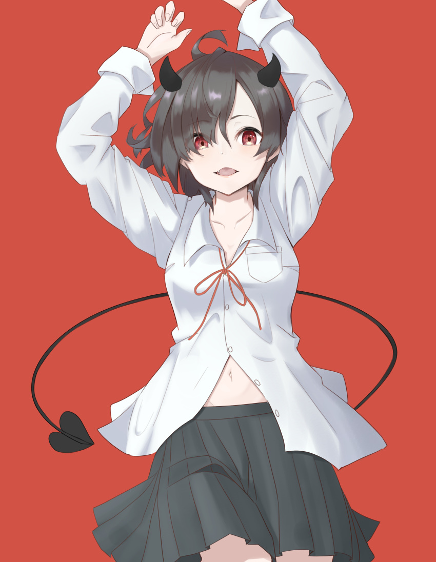 1girl absurdres appo_(36786257) bangs black_hair black_horns black_skirt breasts collarbone commentary_request demon_horns demon_tail eyebrows_visible_through_hair fang highres horns long_sleeves looking_at_viewer navel open_mouth original pleated_skirt red_background red_eyes red_ribbon ribbon shirt simple_background skirt small_breasts smile solo tail white_shirt