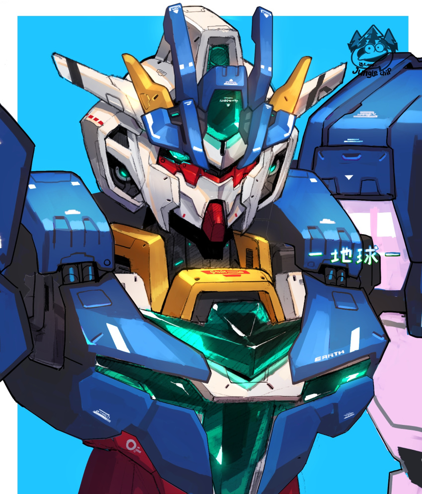 aqua_eyes close-up earthree_gundam glowing glowing_eyes gundam gundam_build_divers gundam_build_divers_re:rise gunpla highres mecha no_humans solo upper_body v-fin watermark wu-qiao