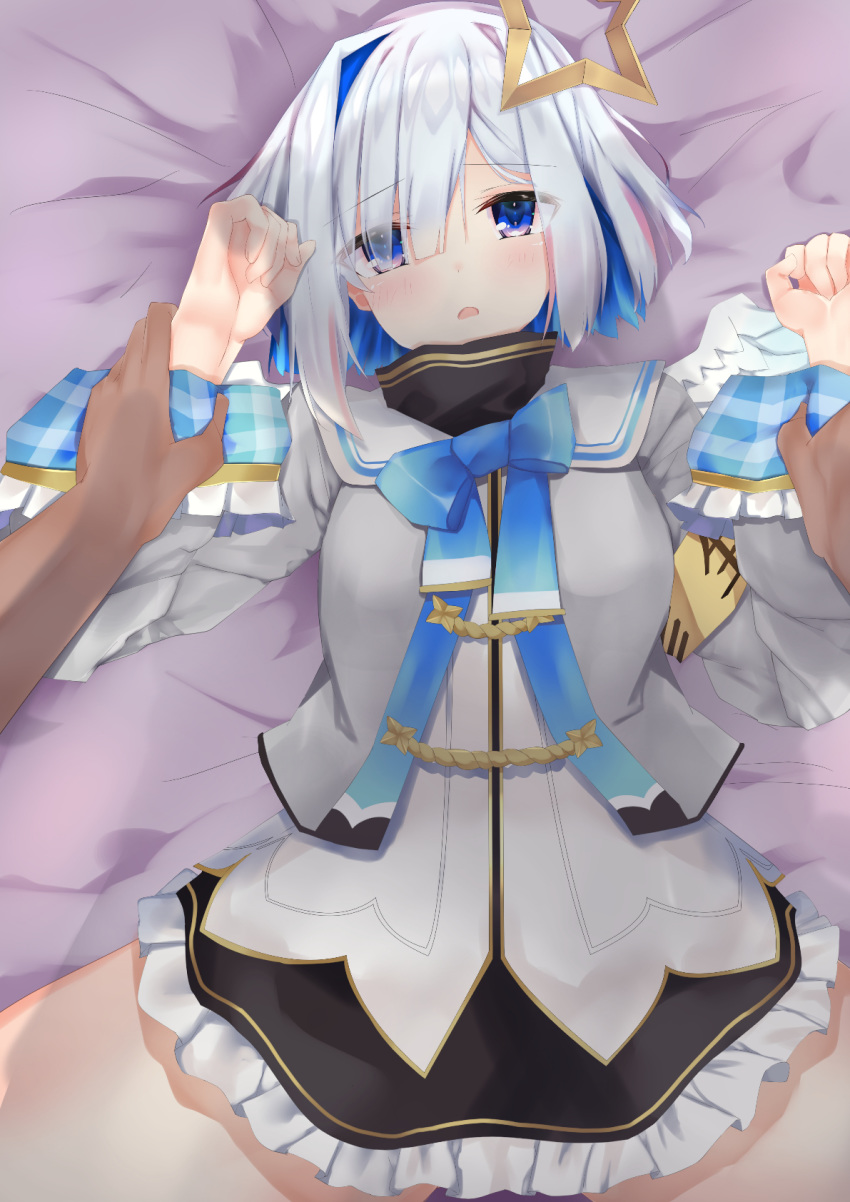 amane_kanata angel_wings armband blush commentary_request grey_hair hair_ornament highres holding_hands hololive long_sleeves looking_at_viewer lying miniskirt on_back open_mouth pov ribbon school_uniform short_hair silver_hair skirt spread_legs tikuwazyousyou violet_eyes virtual_youtuber wings