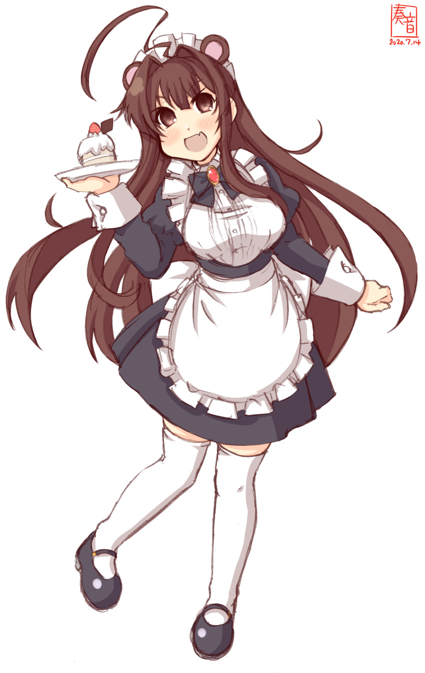1girl absurdres ahoge alternate_costume animal_ears apron artist_logo bear_ears black_dress black_footwear brown_eyes brown_hair commentary_request cupcake dated dress enmaided food frilled_apron frills highres huge_ahoge kanon_(kurogane_knights) kantai_collection kuma_(kantai_collection) long_hair looking_at_viewer maid maid_headdress mary_janes plate shoes simple_background smile solo standing thigh-highs waitress white_apron white_background white_legwear