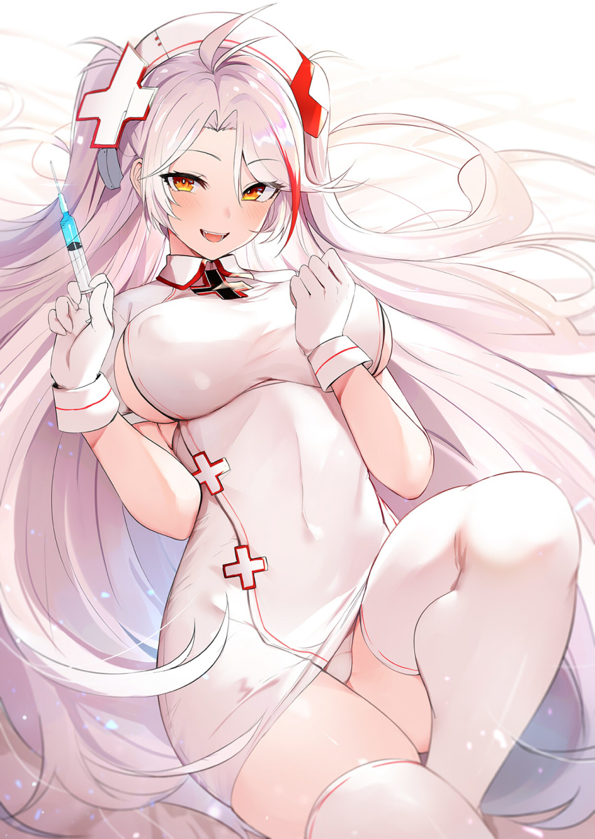 1girl antenna_hair azur_lane bangs blush breasts collared_dress covered_navel covered_nipples dress eyebrows_visible_through_hair gloves hands_up hat highres holding holding_syringe knee_up large_breasts long_hair looking_at_viewer luse_maonang multicolored_hair no_bra nurse nurse_cap open_mouth panties parted_bangs prinz_eugen_(azur_lane) short_sleeves sideboob skindentation smile solo streaked_hair syringe thigh-highs thighs underwear very_long_hair white_dress white_gloves white_hair white_headwear white_legwear white_panties yellow_eyes