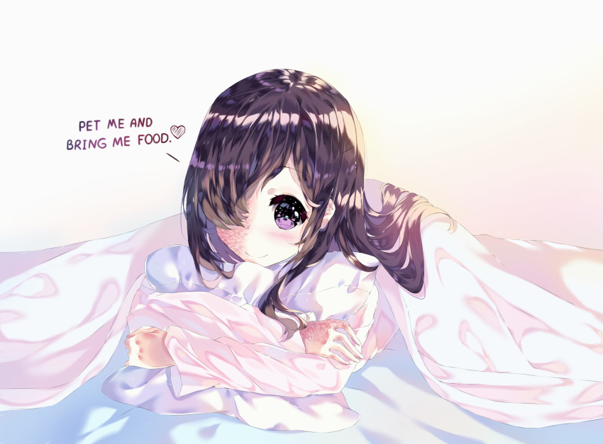 1girl airy45525312 bangs black_hair burn_scar commentary commission english_commentary english_text hair_over_one_eye heart highres ikezawa_hanako katawa_shoujo long_hair long_sleeves looking_at_viewer lying on_stomach pillow pillow_hug scar simple_background smile solo under_covers violet_eyes white_background