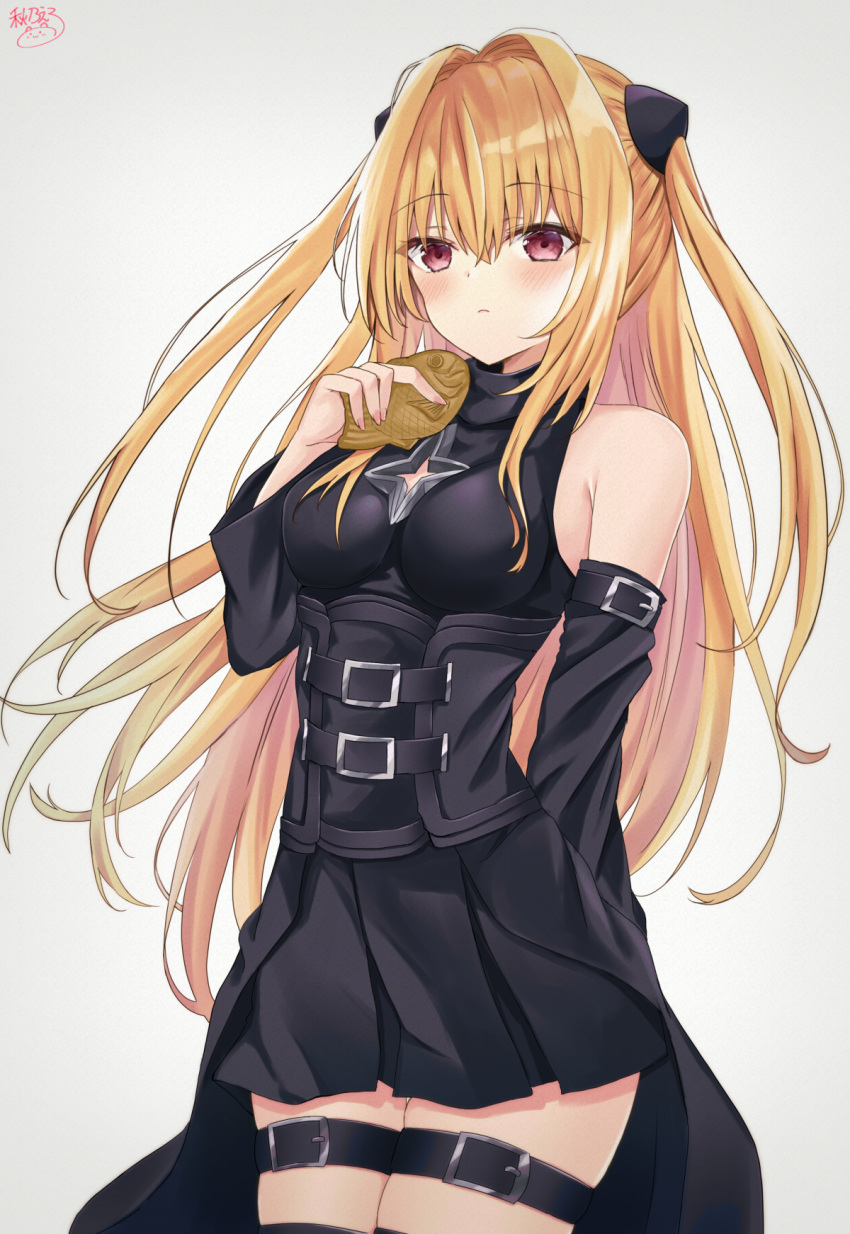 1girl akino_ell bare_shoulders black_shirt black_skirt blonde_hair breasts cleavage_cutout closed_mouth cowboy_shot detached_sleeves food hand_up highres holding holding_food konjiki_no_yami leg_belt long_hair long_sleeves looking_at_viewer medium_breasts miniskirt pleated_skirt red_eyes shirt skindentation skirt solo taiyaki thigh-highs thighs to_love-ru two_side_up wagashi waist_cape zettai_ryouiki