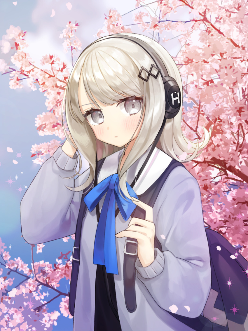 1girl backpack bag bangs blue_cardigan blue_neckwear blue_ribbon blush cardigan character_request cherry_blossoms closed_mouth commentary day expressionless eyebrows_visible_through_hair forever_7th_capital grey_eyes hair_ornament hairclip hand_in_hair hand_up headphones highres long_hair long_sleeves looking_at_viewer neck_ribbon open_cardigan open_clothes outdoors petals ribbon school_uniform sidelocks silhouette solo spring_(season) ssumbi swept_bangs symbol_commentary tree upper_body