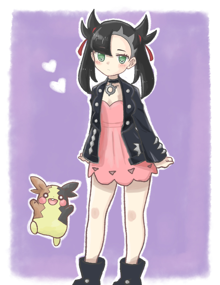 1girl :d asymmetrical_bangs bangs black_footwear black_hair black_jacket blush boots closed_mouth dress eyebrows_visible_through_hair gen_8_pokemon green_eyes hair_ribbon heart highres jacket long_hair long_sleeves looking_at_viewer mary_(pokemon) morpeko morpeko_(full) open_clothes open_jacket open_mouth pink_dress pokemon pokemon_(creature) pokemon_(game) pokemon_swsh purple_background red_ribbon ribbon shika_(s1ka) sleeves_past_wrists smile standing twintails upper_teeth