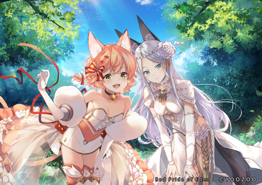 2girls animal_ears bangs bare_shoulders bell bell_choker bent_over boots braid breasts cat_ears cat_girl cat_tail choker clouds cloudy_sky collarbone commentary_request crown_removed day dress eyebrows_visible_through_hair flower forest fox_ears fox_girl fox_tail french_braid gloves grey_eyes hair_between_eyes hair_flower hair_ornament hands_on_own_knees long_hair looking_at_viewer medium_breasts multiple_girls nature open_mouth outdoors parted_bangs pink_hair red_pride_of_eden shinia short_hair short_sleeves showgirl_skirt sidelocks silver_hair single_braid sky sleeveless sleeveless_dress strapless strapless_dress tail thigh-highs thigh_boots tree white_dress white_gloves yellow_eyes