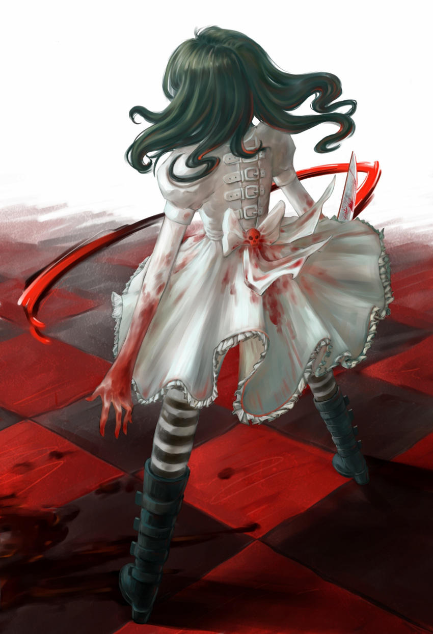 1girl alice:_madness_returns alice_(wonderland) american_mcgee's_alice black_hair blood boots dress english_commentary hei_xing highres knife long_hair pantyhose solo striped striped_legwear