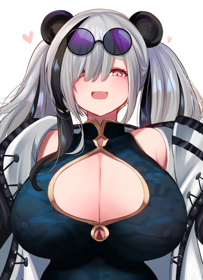 10eki_(tenchou) 1girl absurdres animal_ears arknights asymmetrical_hair breasts china_dress chinese_clothes cleavage_cutout dress eyewear_on_head fang feater_(arknights) highlights highres huge_breasts long_hair multicolored_hair panda_ears pink_eyes smile solo sunglasses twintails