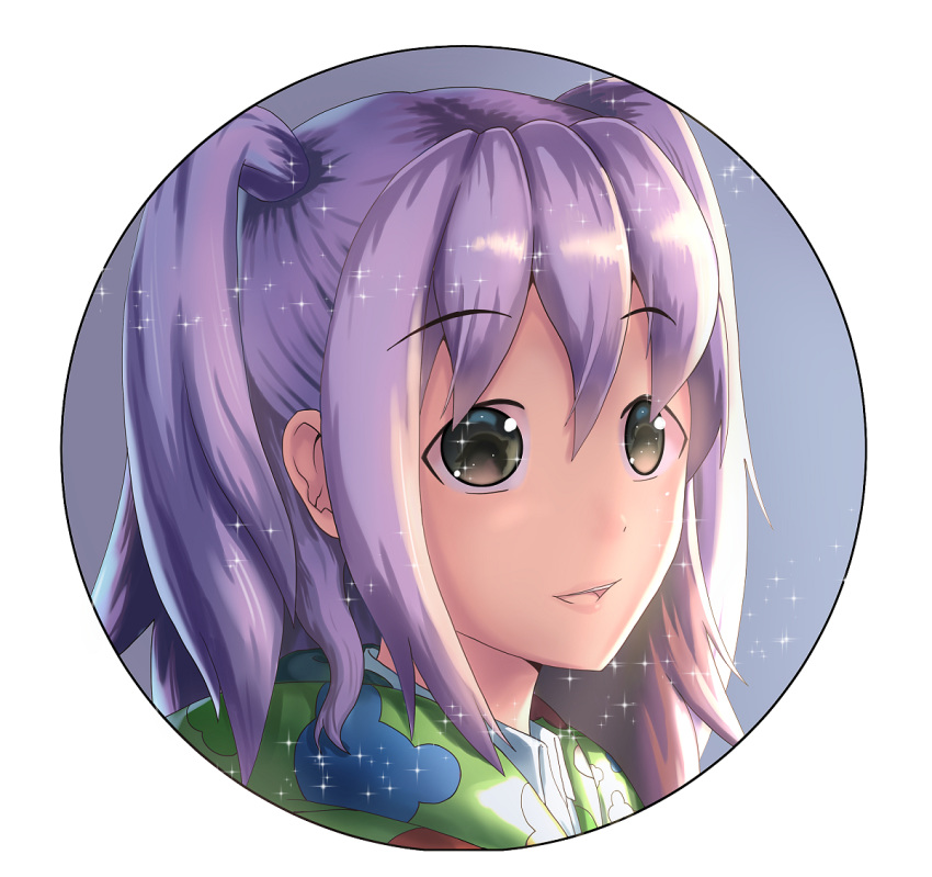 1girl collared_shirt commentary_request eye_reflection eyebrows_visible_through_hair face green_eyes hair_between_eyes kitaura_sou kuroki_tomoko nemoto_hina parted_lips portrait purple_hair reflection round_image shirt smile solo sparkle two_side_up watashi_ga_motenai_no_wa_dou_kangaetemo_omaera_ga_warui! white_shirt