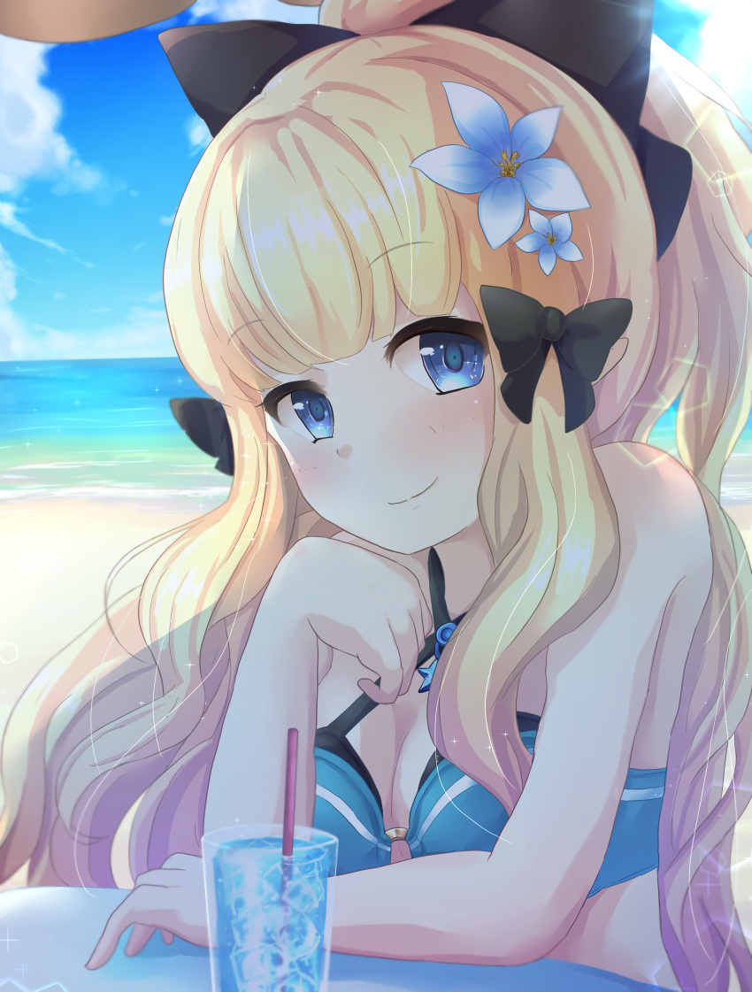 1girl absurdres bangs bikini black_bow blonde_hair blue_eyes blush bow breasts elf eyebrows_visible_through_hair flower hair_bow hair_flower hair_ornament highres large_breasts long_hair looking_at_viewer nyxerebos ocean pointy_ears ponytail princess_connect! princess_connect!_re:dive saren_(princess_connect!) smile solo swimsuit