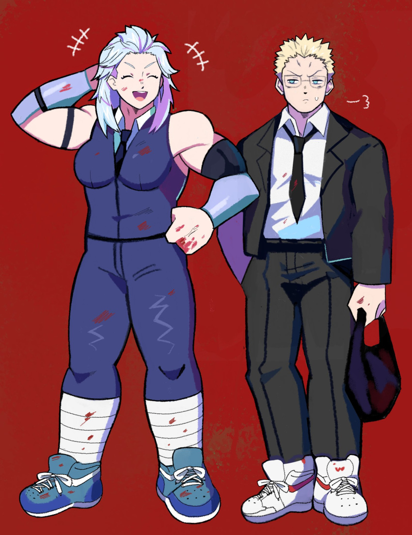 1boy 1girl blonde_hair blood bloody_clothes blue_eyes denaseey dorohedoro formal full_body glasses hand_behind_head hand_on_hip highres muscle muscular_female necktie noi_(dorohedoro) red_background shin_(dorohedoro) shoes sneakers suit white_hair