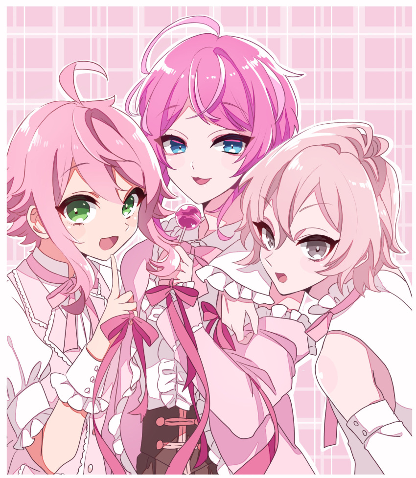 3boys :3 ahoge amemura_ramuda blue_eyes candy color_connection crossover ensemble_stars! food green_eyes grey_eyes hair_between_eyes hair_color_connection highres himemiya_touri hypnosis_mic lollipop male_focus mikado_nagi multiple_boys multiple_crossover pink_background pink_hair plaid plaid_background saito_katuo sidelocks smile uta_no_prince-sama