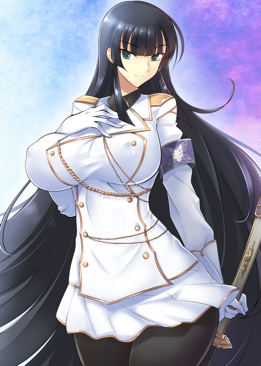1girl aiguillette armband bangs black_hair black_legwear blunt_bangs breasts buttons closed_mouth coat collared_shirt cowboy_shot eyebrows_visible_through_hair gloves green_eyes hand_on_own_chest hand_up highres holding holding_sword holding_weapon ikaruga_(senran_kagura) large_breasts legs_together long_hair long_sleeves looking_at_viewer military military_uniform necktie senran_kagura senran_kagura_shoujo-tachi_no_shin'ei shirt skirt smile solo sword uniform very_long_hair weapon white_coat white_gloves white_skirt wing_collar